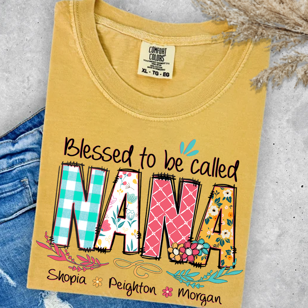 Blessed to Be Called Nana Shirt _E2_80_93 Personalized Grandmother T Shirt with Grandkids Names _E2_80_93 Cute Floral Nana Gift for Grandma Mothers Day Birthday_Mustard_S 1 Khks4