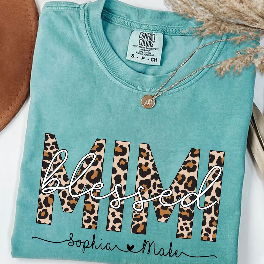 Comfort Colors_C2_AE Blessed Mimi Leopard Print T Shirt _E2_80_93 Personalized Grandma Tee with Grandkids Names _E2_80_93 Custom Gift for Mimi_Seafoam_S 1 Yz8eg