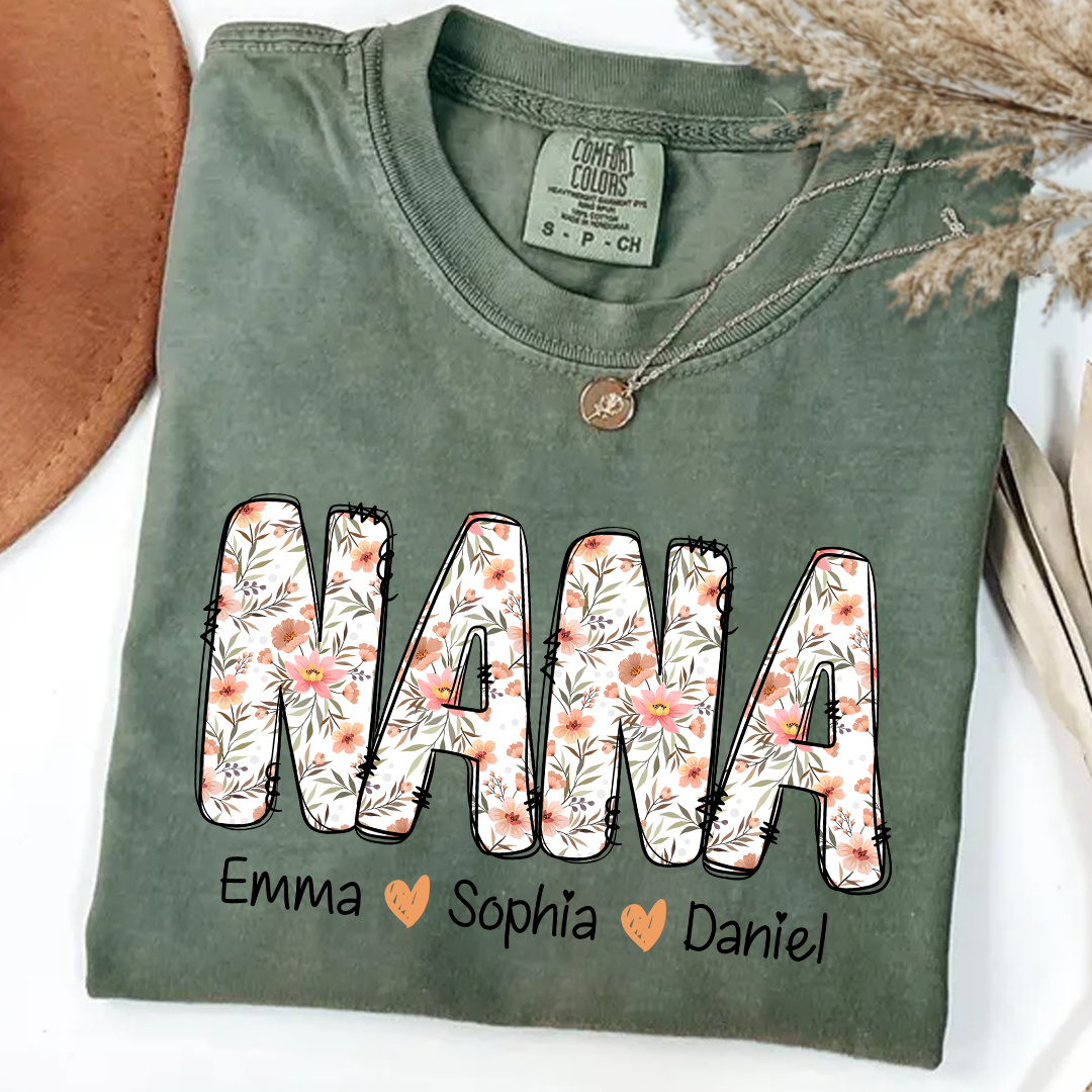 Comfort Colors_C2_AE Nana Flower 2025 Shirt Custom Grandma And Grandkids Shirt_Moss_S 1 JKkzO