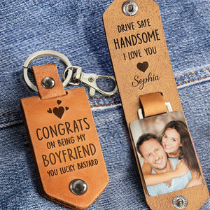 Custom Photo Congrats On Being My Boyfriend - Personalized Leather Photo Keychain