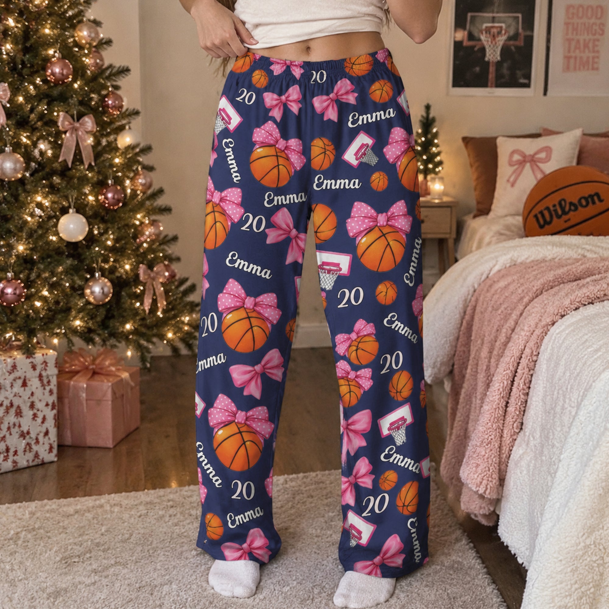 Coquette Bow Basketball Custom Name_ Number Gift For Basketball Player_ Basketball Team Personalized Lounge Pants_2