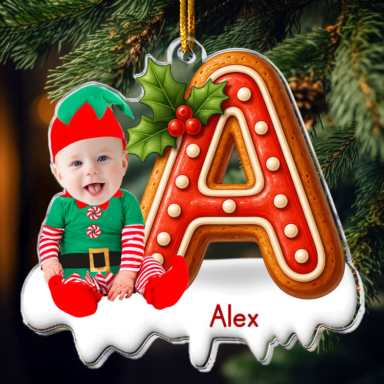 Custom Baby Face Elf Gingerbread Alphabet Personalized Acrylic Photo Ornament_1