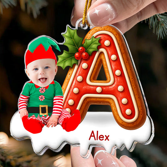 Custom Baby Face Elf Gingerbread Alphabet Personalized Acrylic Photo Ornament_2