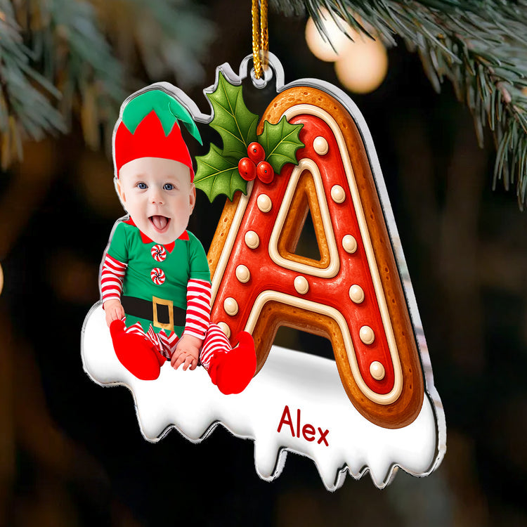 Custom Baby Face Elf Gingerbread Alphabet Personalized Acrylic Photo Ornament_3