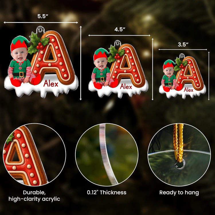 Custom Baby Face Elf Gingerbread Alphabet Personalized Acrylic Photo Ornament_4