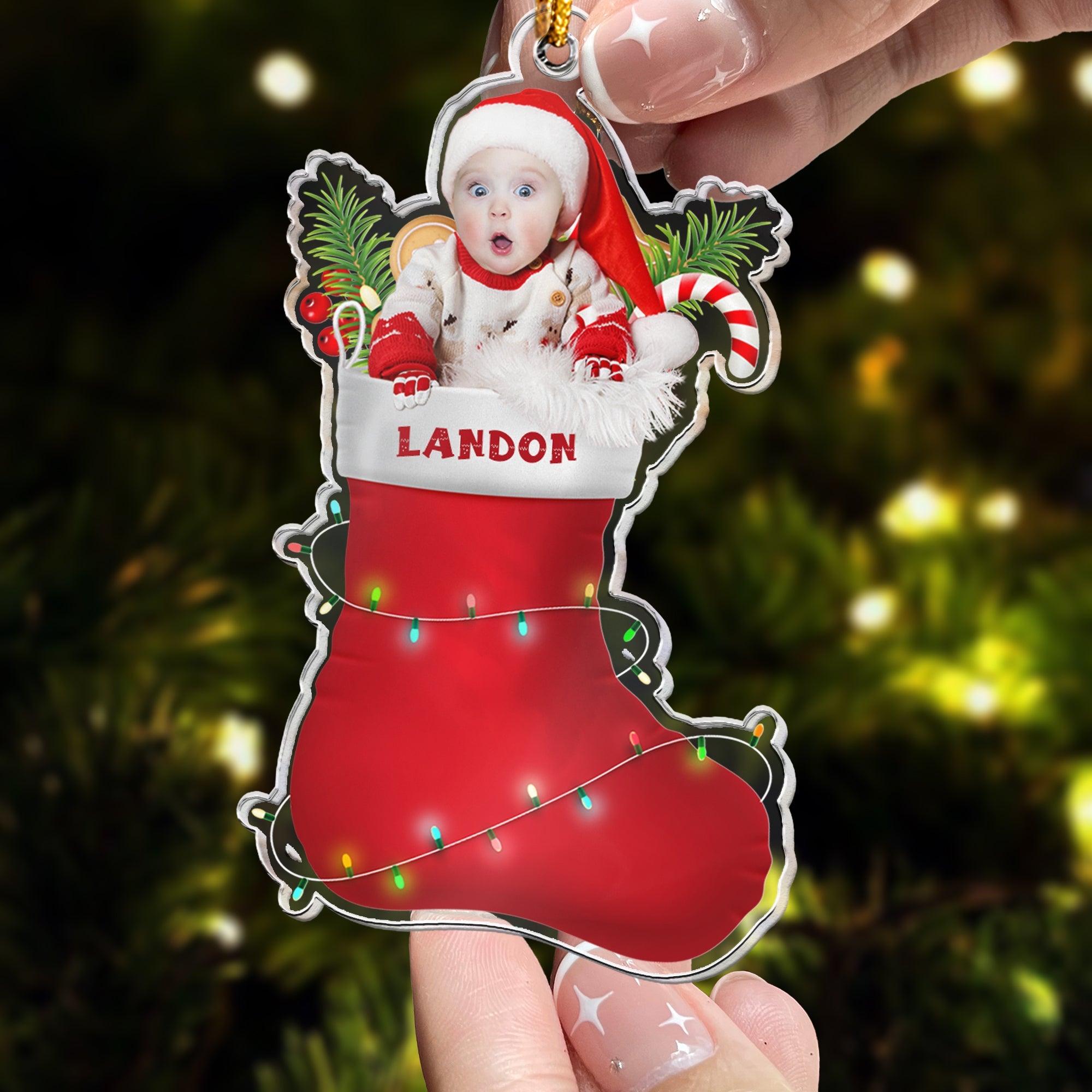 Custom Baby In Christmas Sock Personalized Acrylic Photo Ornament_4