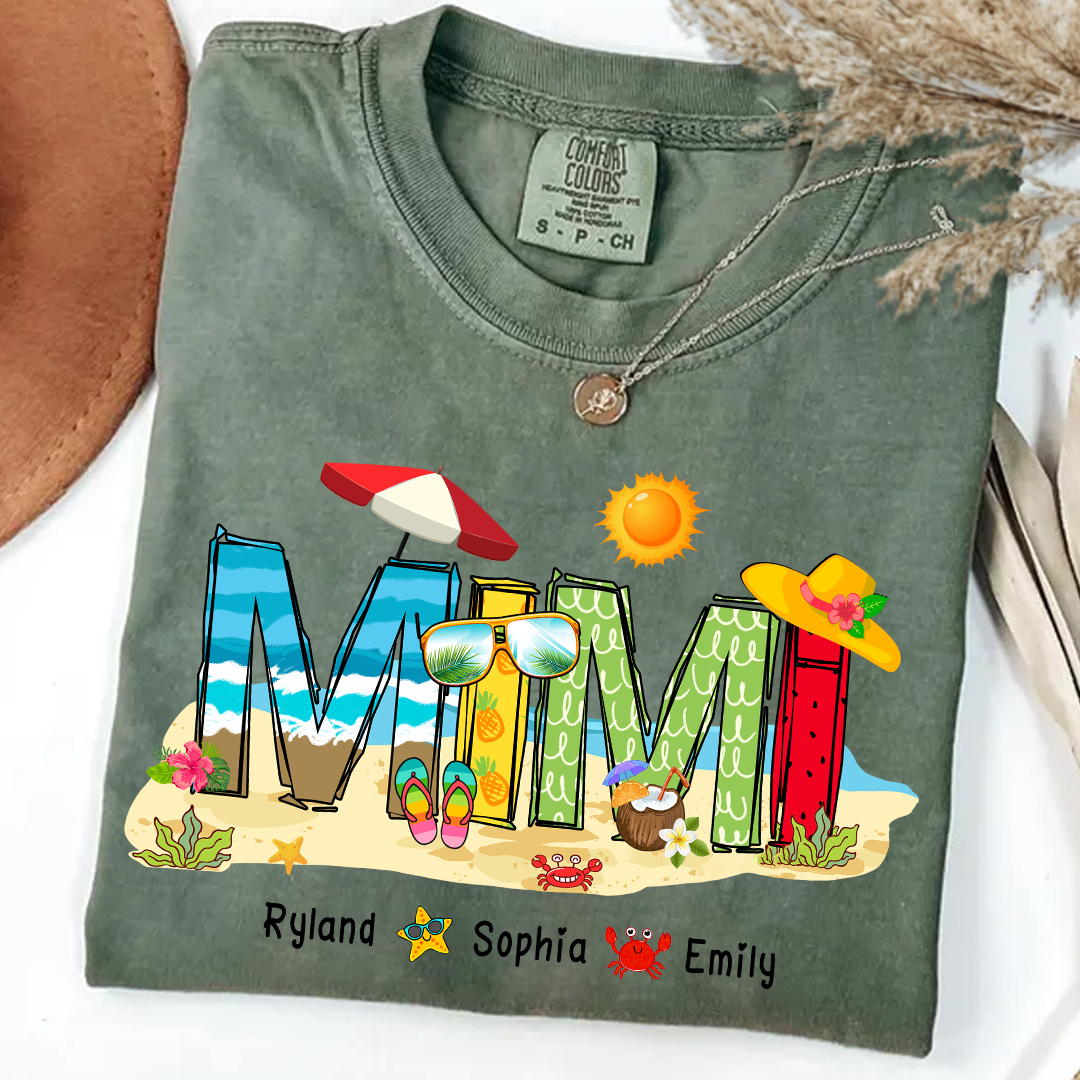 Custom Beach Mimi Shirt _E2_80_93 Personalized Grandma T Shirt with Grandkids Names _E2_80_93 Summer Vacation Gift for Mimi _E2_80_93 Colorful Coastal Graphic Tee 2 Cqosr