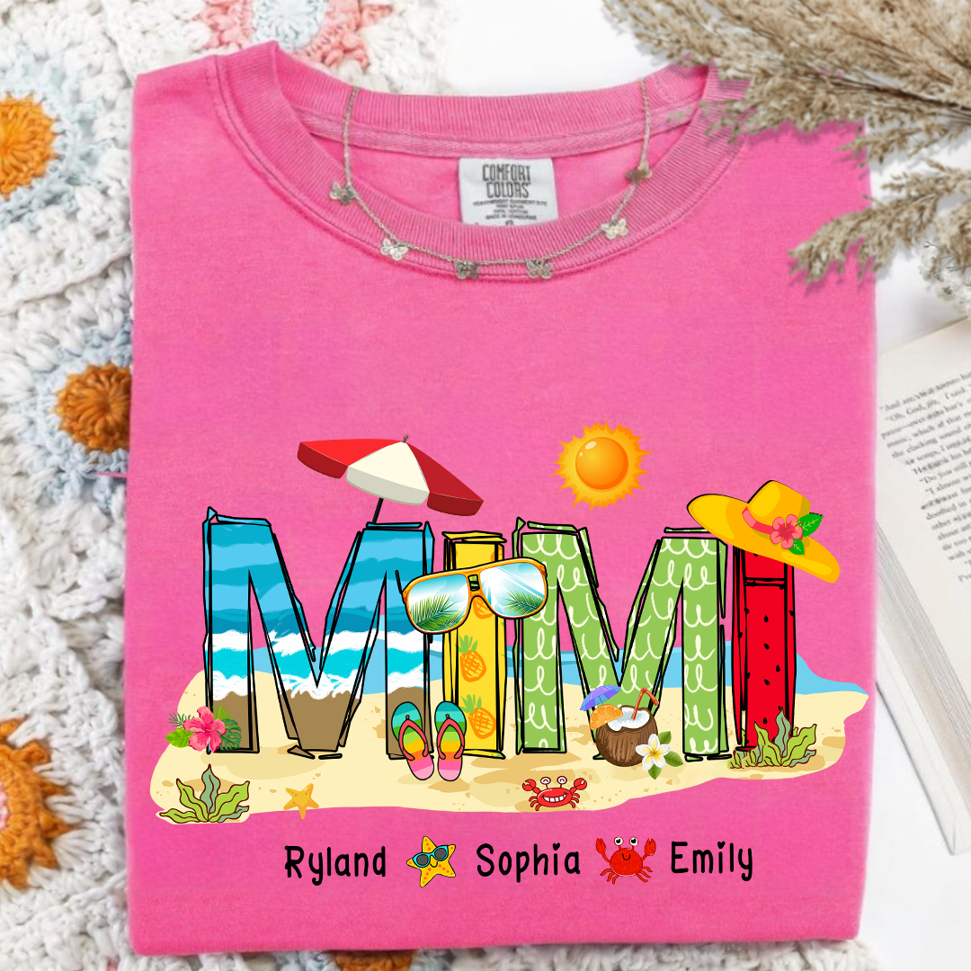 Custom Beach Mimi Shirt _E2_80_93 Personalized Grandma T Shirt with Grandkids Names _E2_80_93 Summer Vacation Gift for Mimi _E2_80_93 Colorful Coastal Graphic Tee_Crunchberry_S 1 VbAm