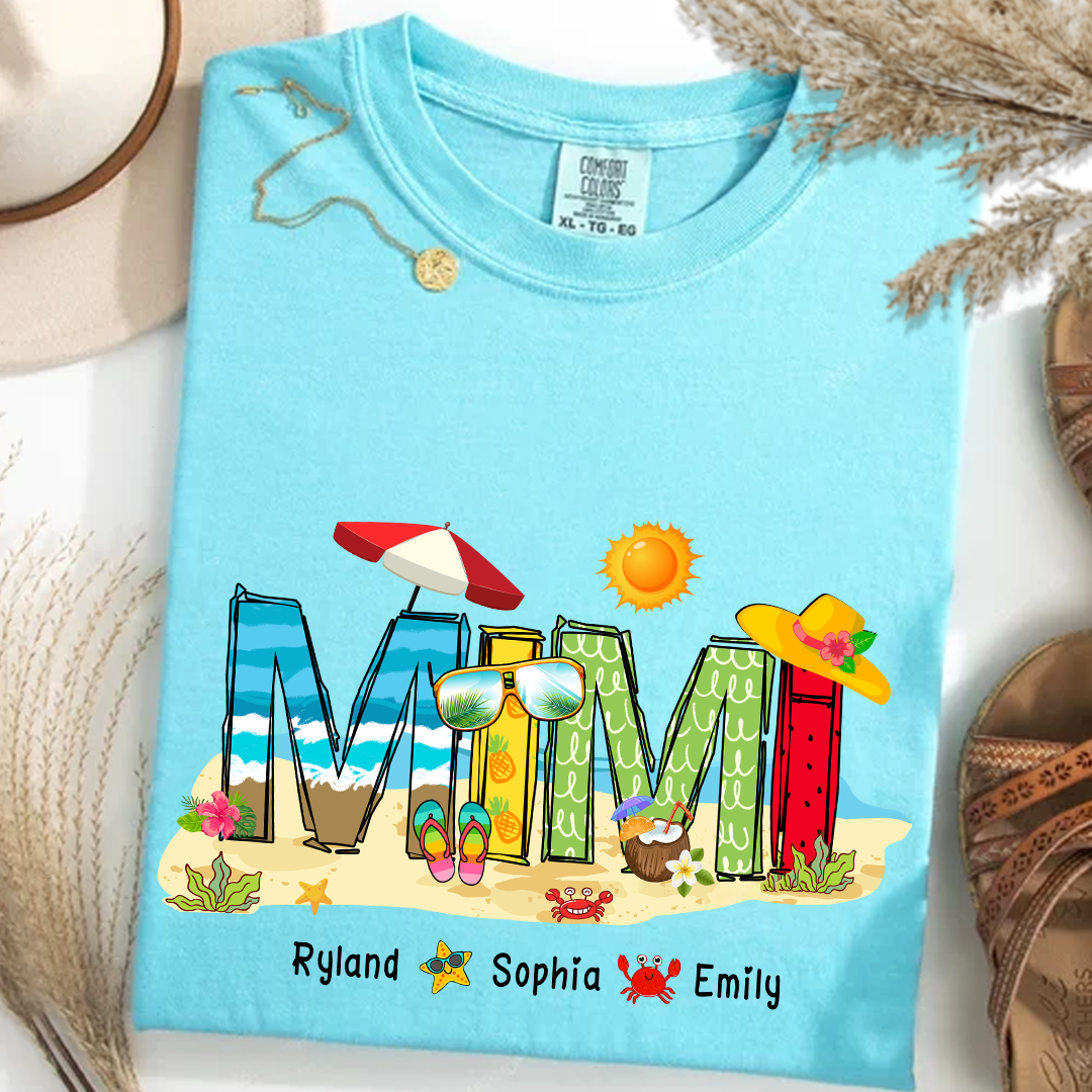 Custom Beach Mimi Shirt _E2_80_93 Personalized Grandma T Shirt with Grandkids Names _E2_80_93 Summer Vacation Gift for Mimi _E2_80_93 Colorful Coastal Graphic Tee_Lagoon Blue_S 1 croa