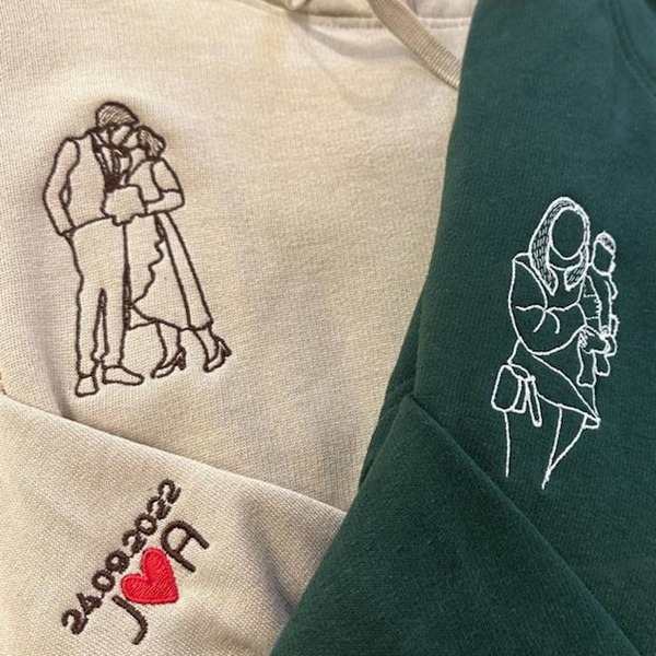 Custom Photo Couple - Embroidered Hoodie, Sweatshirt, Tshirt - Anniversary Gift for Couple