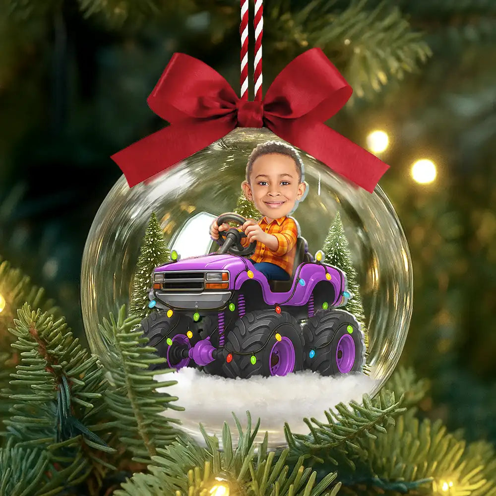 CustomPhotoFaceKidRidingMonsterTruck Personalized3DAcrylicBallOrnament AH1133 Mk2