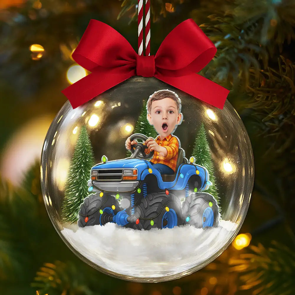 CustomPhotoFaceKidRidingMonsterTruck Personalized3DAcrylicBallOrnament AH1133 Mk4