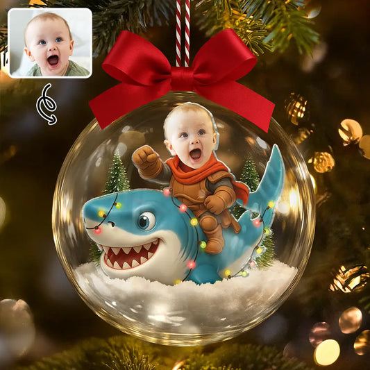 CustomPhotoFunnyKidFaceRidingShark Personalized3DAcrylicBallOrnament AH1131 Mk Def