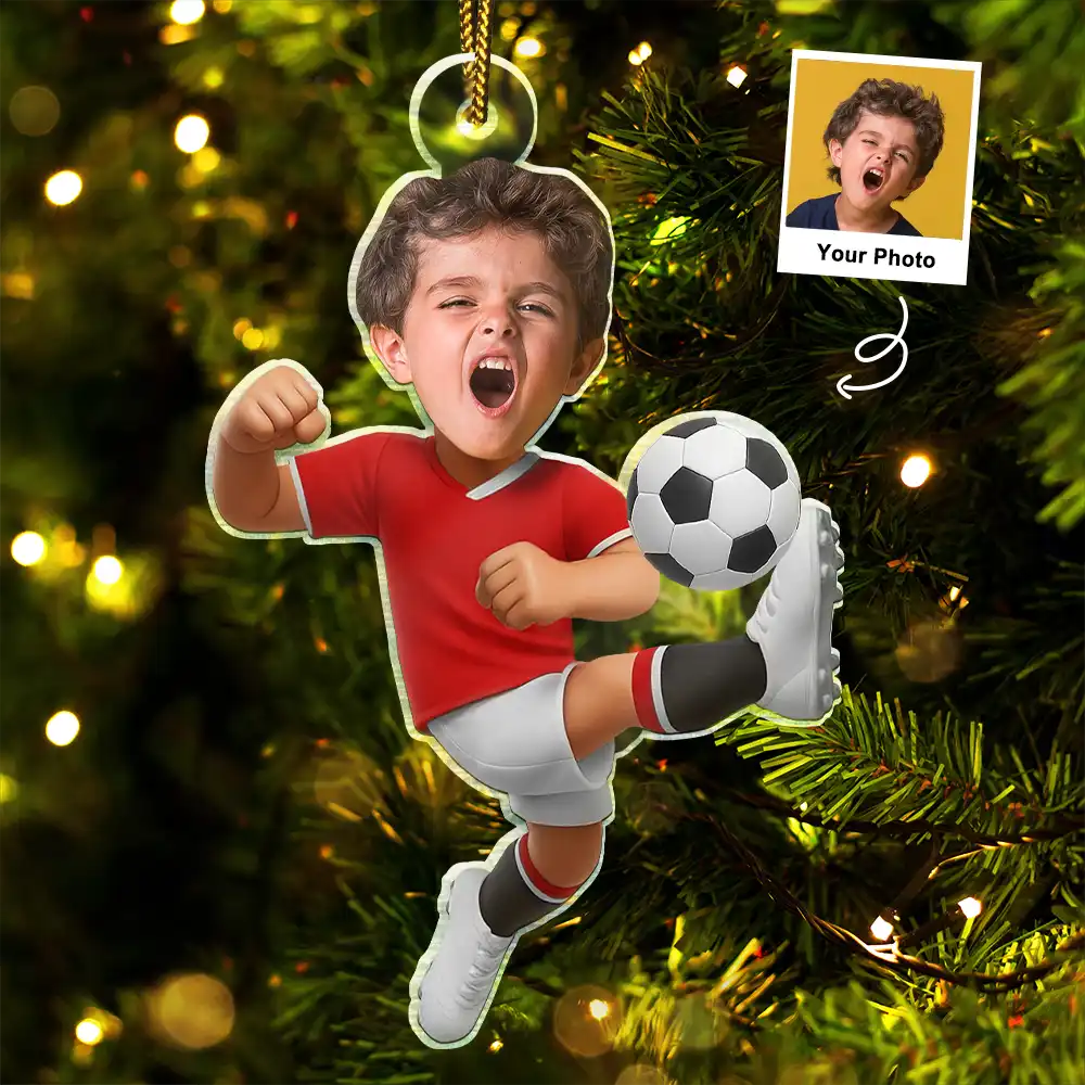 CustomPhotoKidPlayingFootball PersonalizedAcrylicPhotoOrnament TK858 CLA1530 MkDEF
