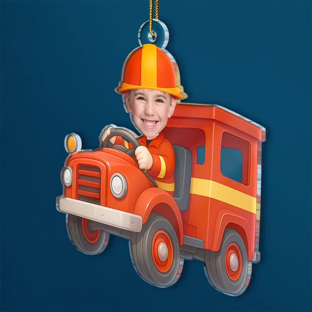 CustomPhotoKidRidingFireTruck PersonalizedAcrylicPhotoOrnament TK843 CLA1528 MkWebs1