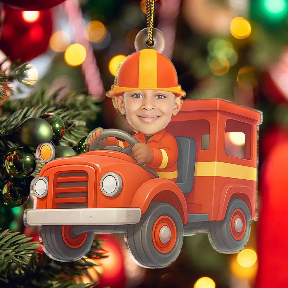 CustomPhotoKidRidingFireTruck PersonalizedAcrylicPhotoOrnament TK843 CLA1528 MkWebs4