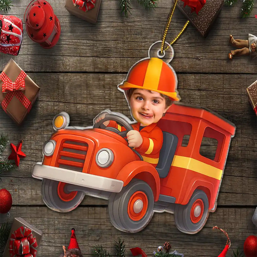 CustomPhotoKidRidingFireTruck PersonalizedAcrylicPhotoOrnament TK843 CLA1528 MkWebs5