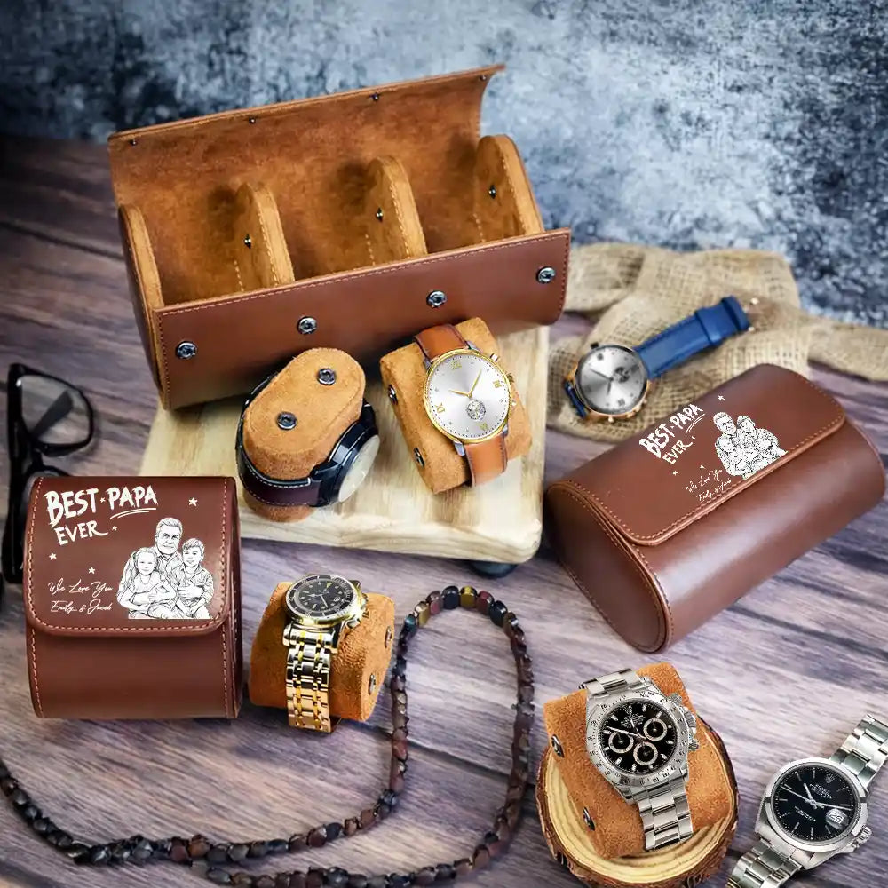 CustomPhotoPencilSketchArtBestDadGrandpaEver PersonalizedLeatherWatchCase TU407 DSR881 MK1