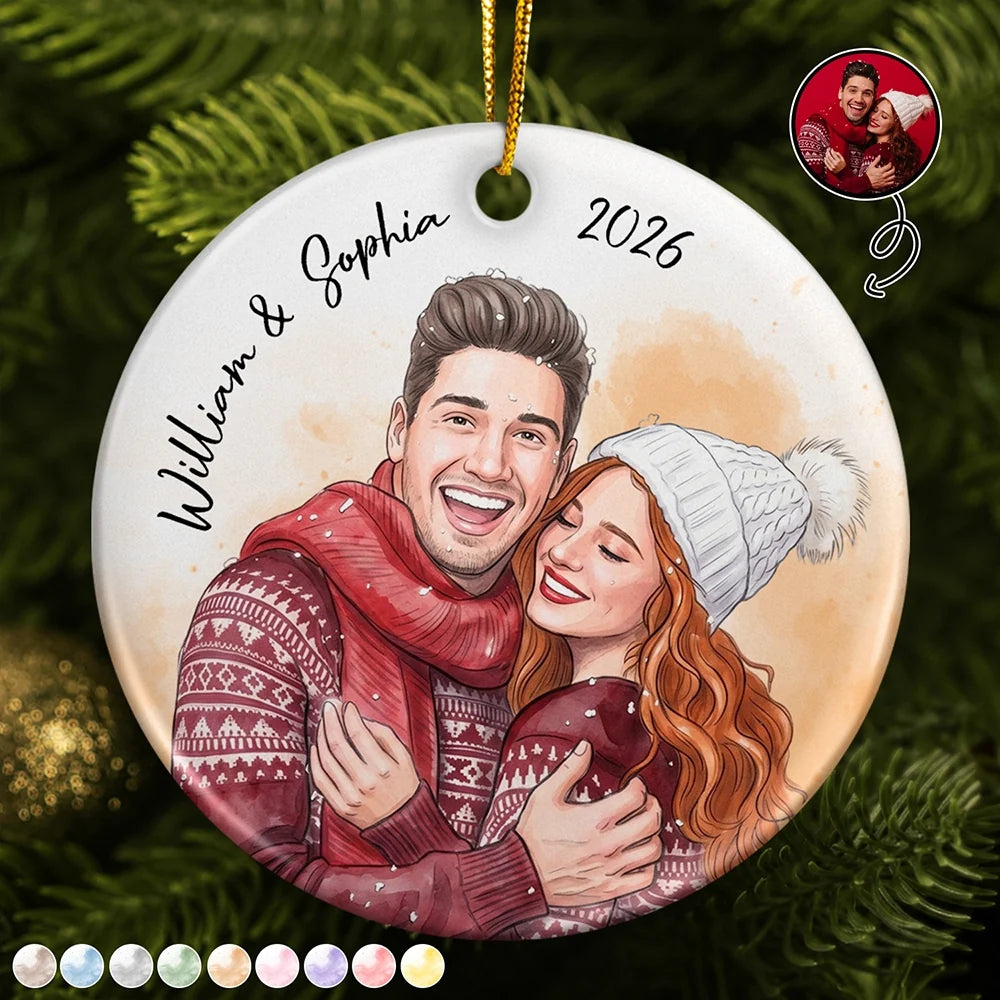 CustomPhotoVividWatercolorArtAnniversaryLovingCouple PersonalizedCircleCeramicOrnament DEF