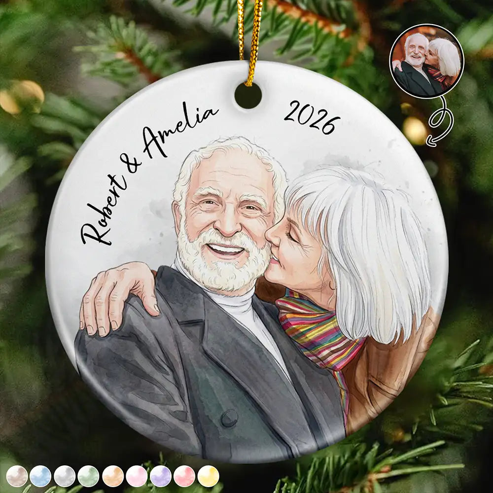 CustomPhotoVividWatercolorArtAnniversaryLovingCouple PersonalizedCircleCeramicOrnament MK1