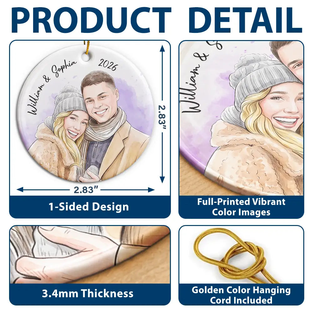 CustomPhotoVividWatercolorArtAnniversaryLovingCouple PersonalizedCircleCeramicOrnament MK4
