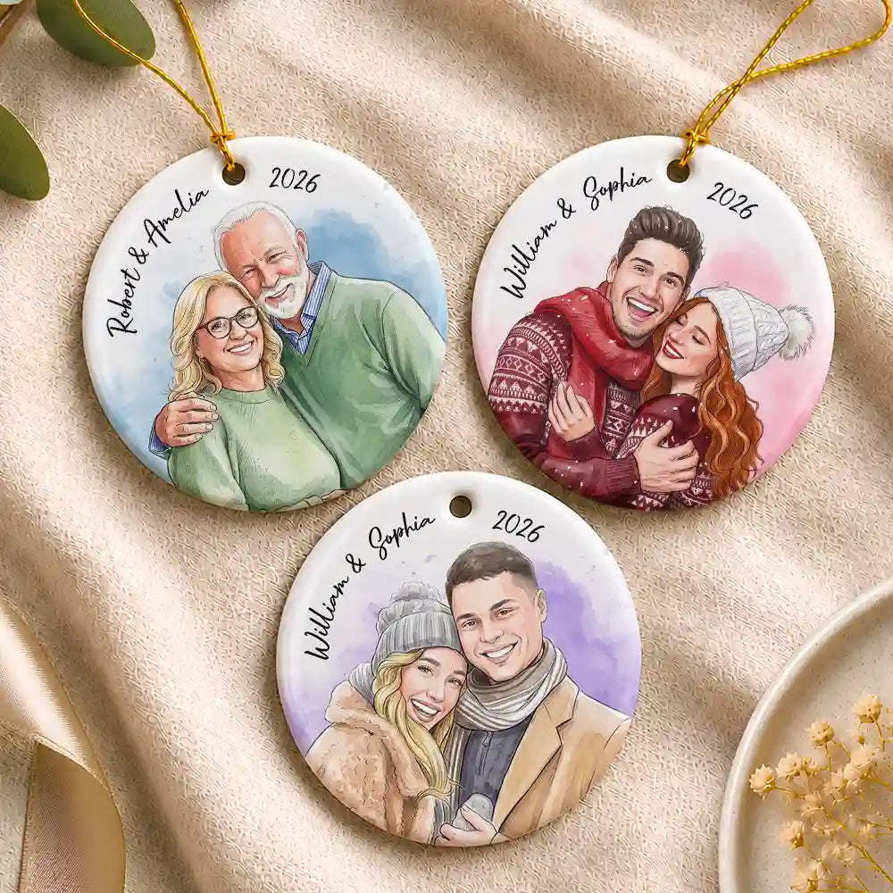 CustomPhotoVividWatercolorArtAnniversaryLovingCouple PersonalizedCircleCeramicOrnament MK5