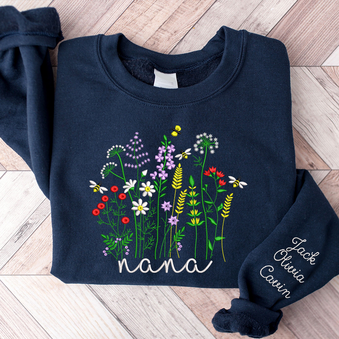 Custom Text Wildflower Nana With Grandkids - Embroidered Hoodie, Sweatshirt, Tshirt - Gift for Grandma