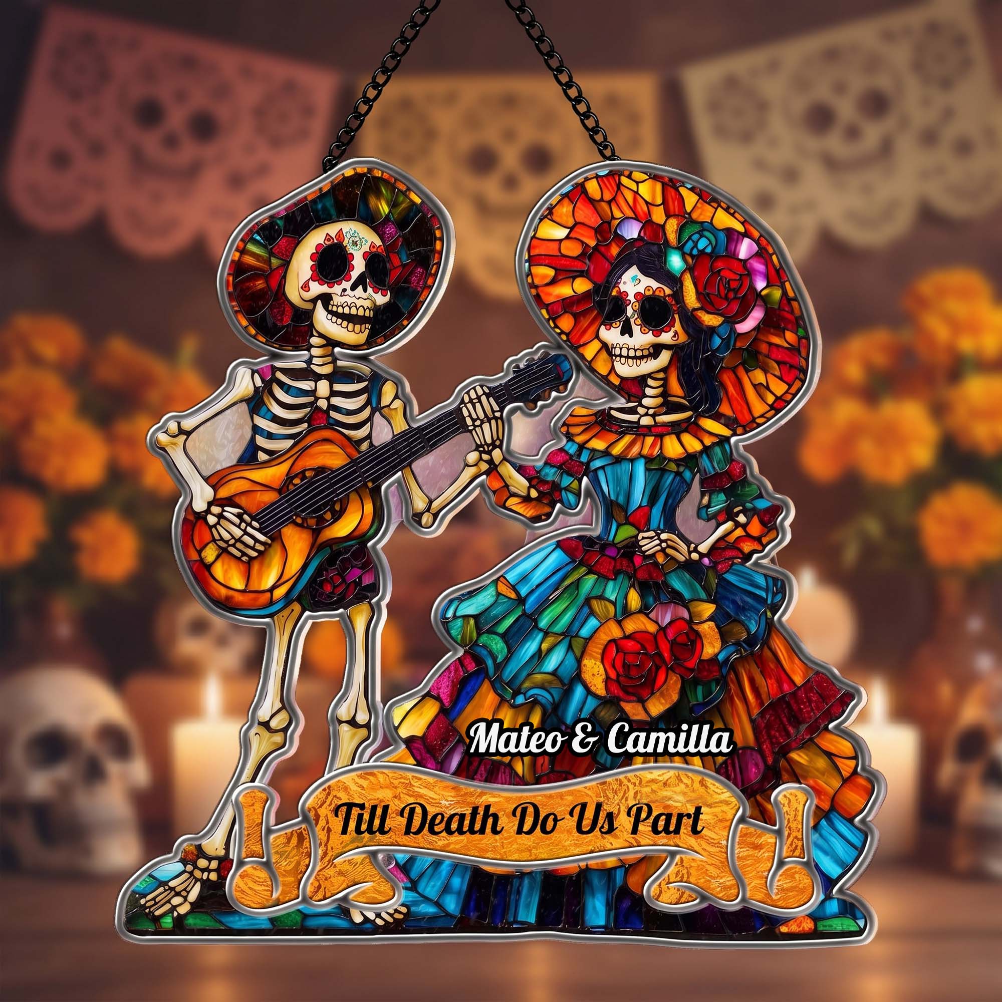 Day Of The Dead Festive La Catrina Couple Personalized Window Hanging Suncatcher_3