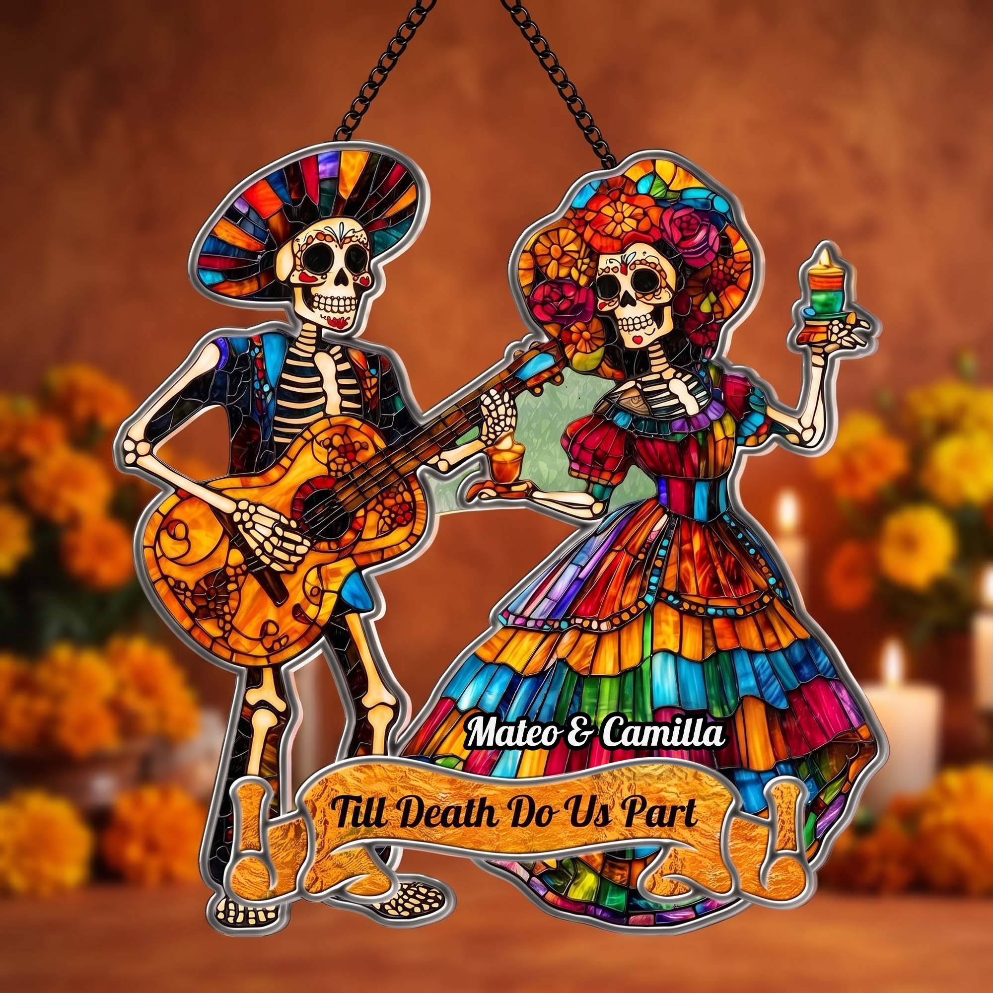 Day Of The Dead Festive La Catrina Couple Personalized Window Hanging Suncatcher_5
