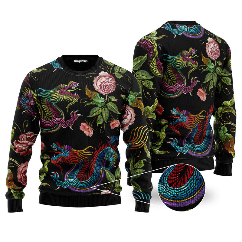 Dragons Flower Pattern Pullover Ugly Christmas Sweater For Men & Women