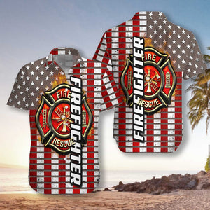 Firefighter Logo And Red American Flag Firefighter Hawaiian Shirt