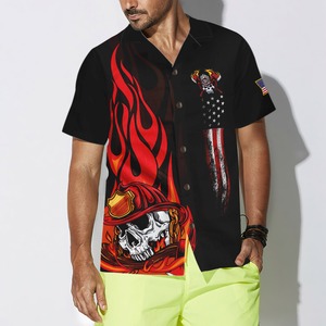 Firefighter Skull Flame Black American Flag Hawaiian Shirt