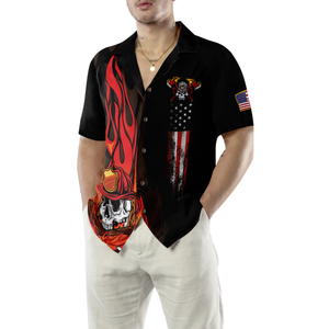 Firefighter Skull Flame Black American Flag Hawaiian Shirt