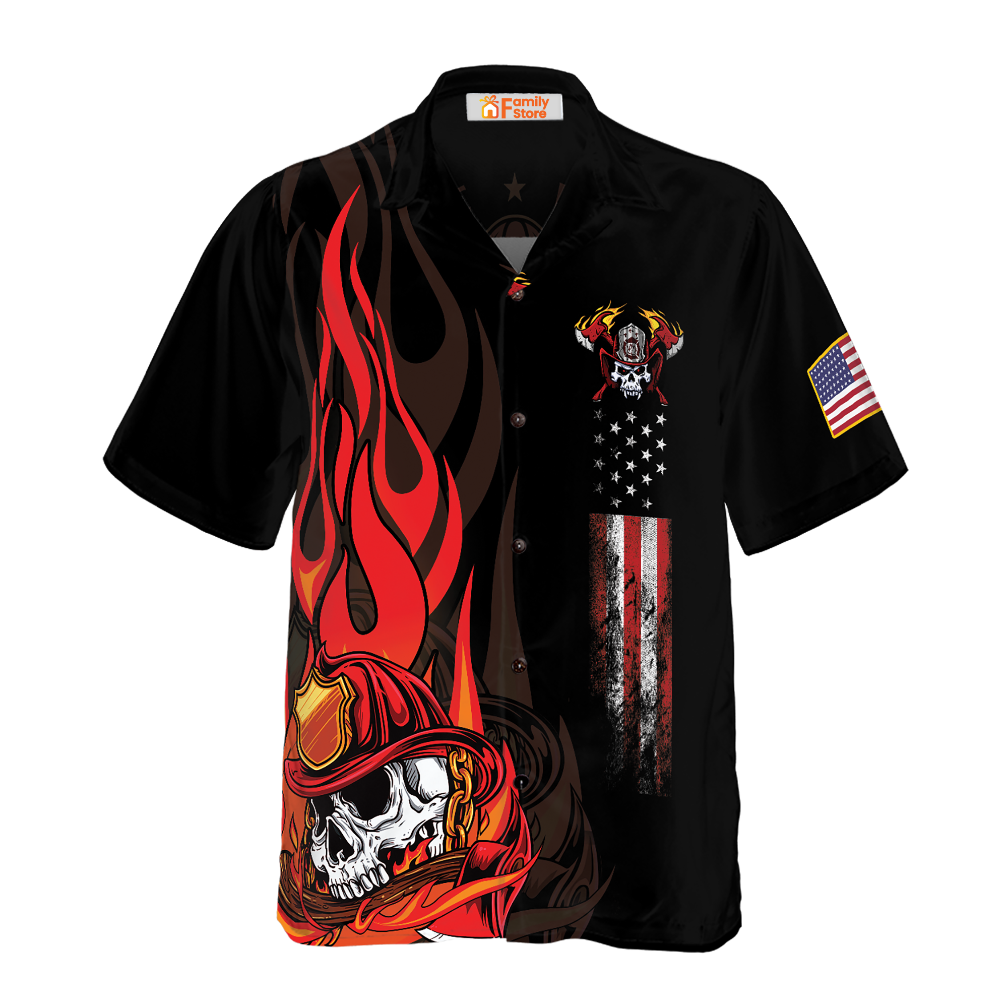 Firefighter Skull Flame Black American Flag Hawaiian Shirt