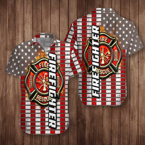 Firefighter Logo And Red American Flag Firefighter Hawaiian Shirt