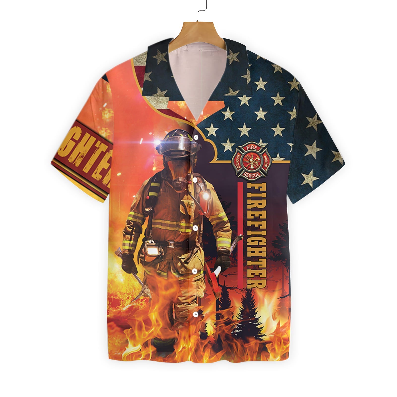 Firefighter With American Flag Hawaiian Shirt