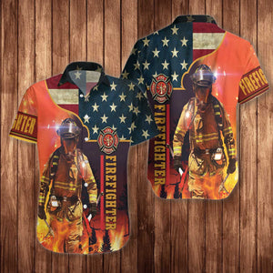 Firefighter With American Flag Hawaiian Shirt