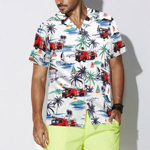 White Tropical Red Fire Truck Firefighter Hawaiian Shirt For Men