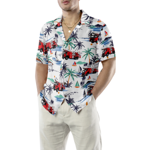 White Tropical Red Fire Truck Firefighter Hawaiian Shirt For Men