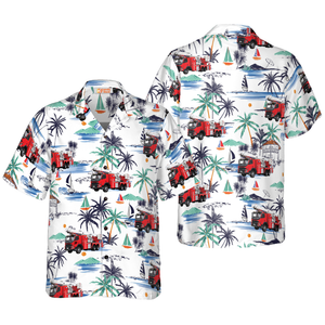 White Tropical Red Fire Truck Firefighter Hawaiian Shirt For Men