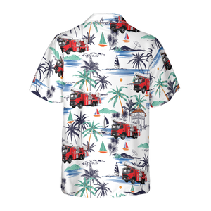 White Tropical Red Fire Truck Firefighter Hawaiian Shirt For Men