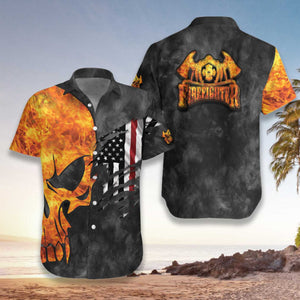 Firefighter And Flame Skull American Flag Hawaiian Shirt