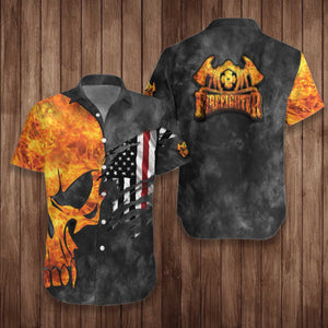 Firefighter And Flame Skull American Flag Hawaiian Shirt