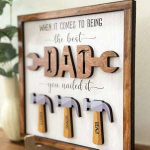 Best Dad You Nailed It Dad Sign with Kid Name- Gift For Dad  - Personalized 2 Layers Wooden Plaque