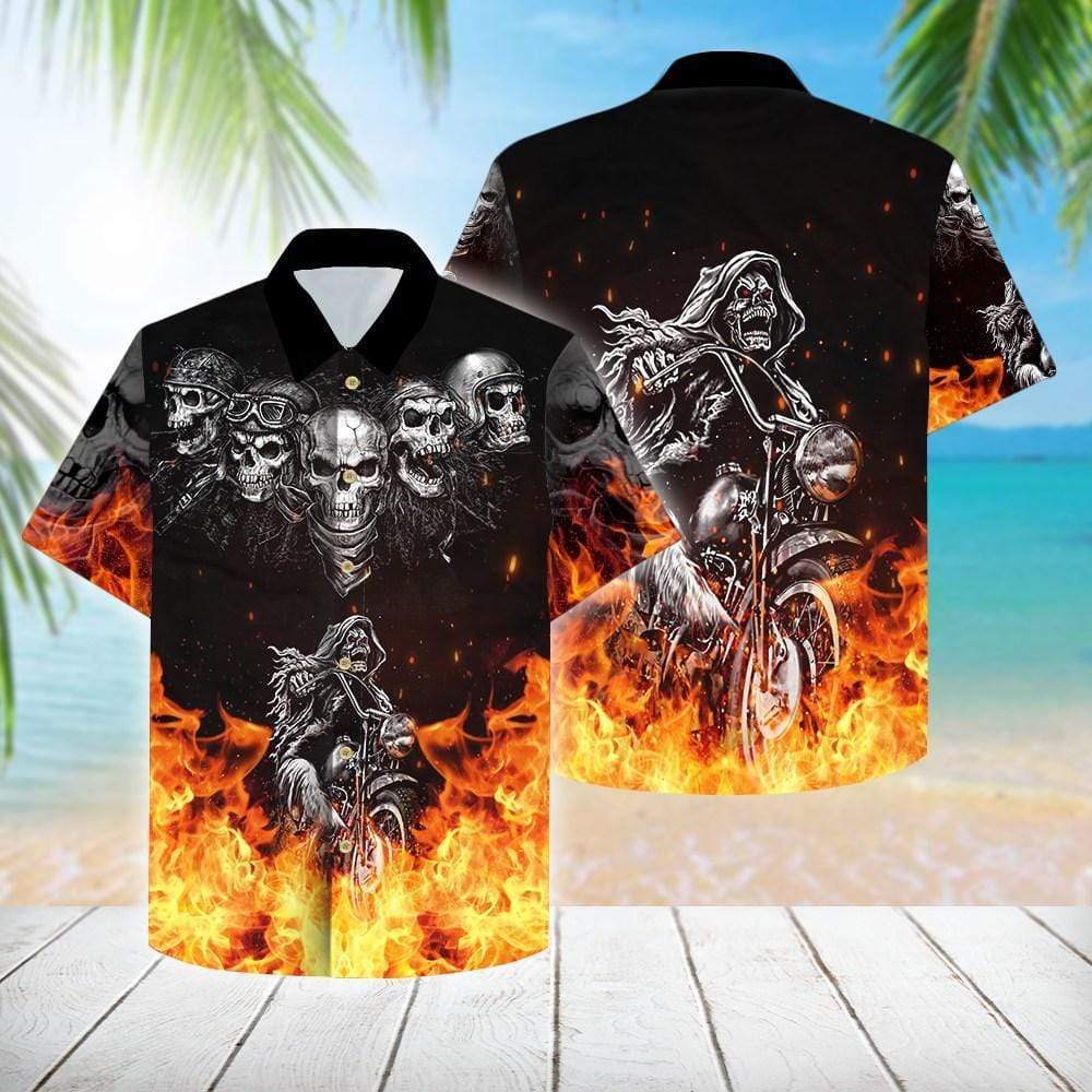 Fire Flame Skull Motobike Black Aloha Hawaiian Shirts For Men, Women