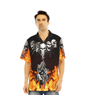 Fire Flame Skull Motobike Black Aloha Hawaiian Shirts For Men, Women