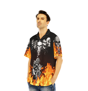 Fire Flame Skull Motobike Black Aloha Hawaiian Shirts For Men, Women