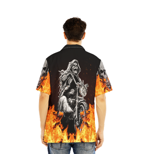 Fire Flame Skull Motobike Black Aloha Hawaiian Shirts For Men, Women