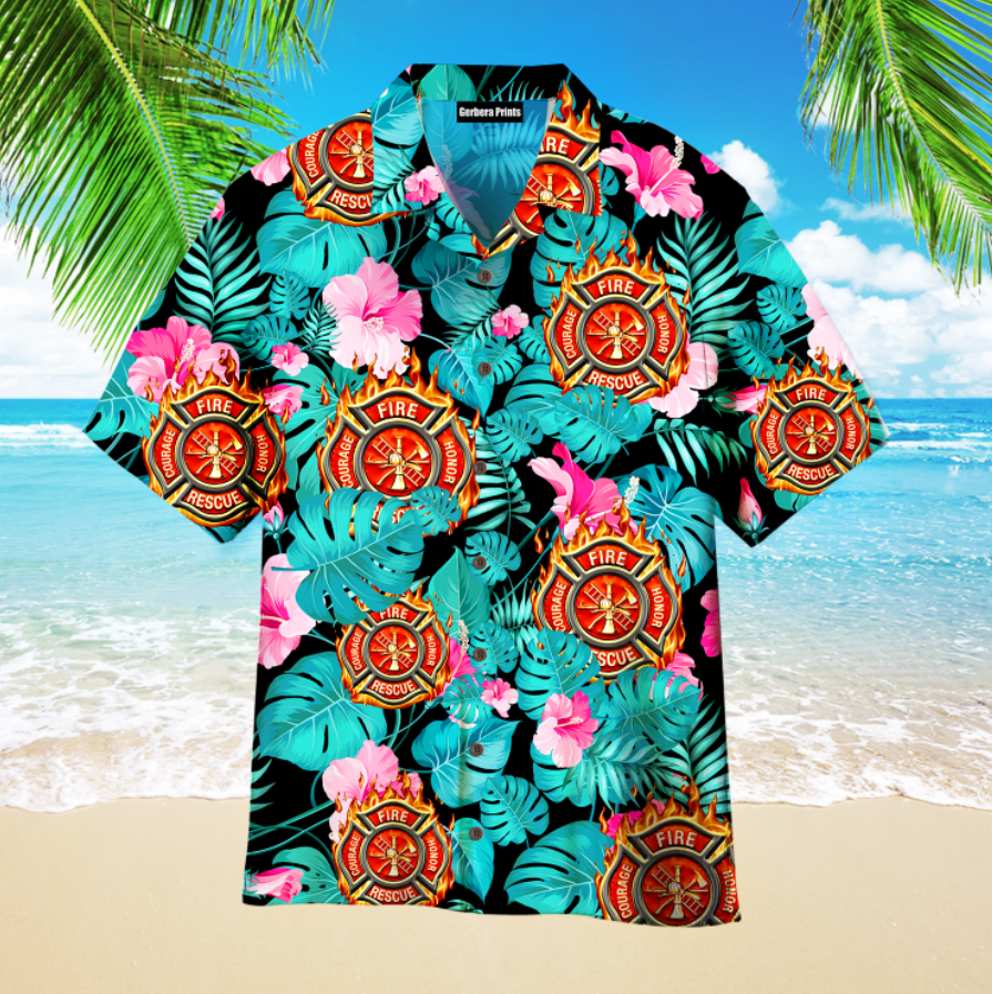 Firefighter Hibiscus Flower Aloha Hawaiian Shirts For Men, Women