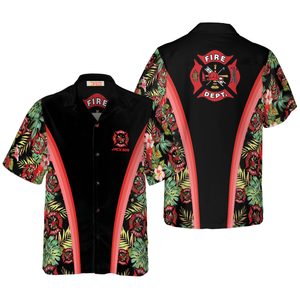 Personalized Floral And Leaves Fire Dept Logo Firefighter Hawaiian Shirt